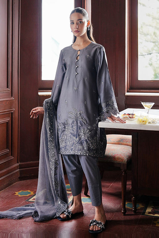 INDIGO BLOOM-3PC SATIN EMBROIDERED SUIT