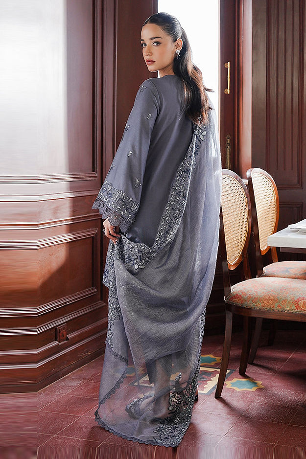 INDIGO BLOOM-3PC SATIN EMBROIDERED SUIT