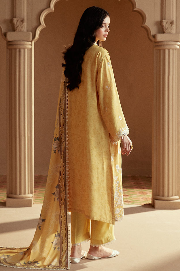 OCHRE TINT-3 PC LINEN EMBROIDERED SUIT