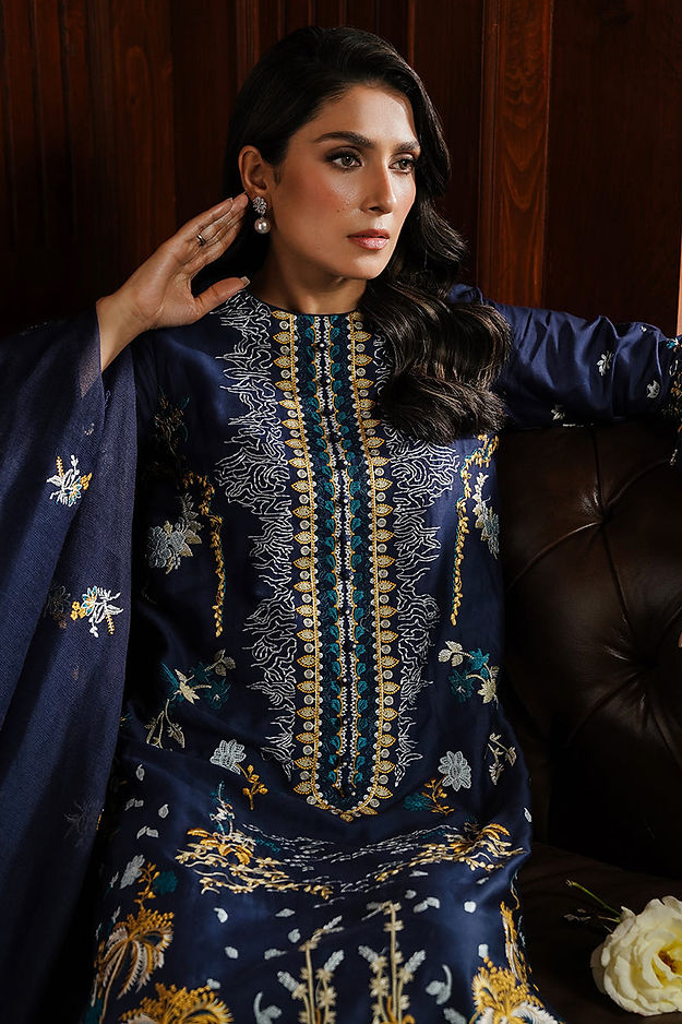 CELESTIAL NAVY-3PC SATIN EMBROIDERED SUIT