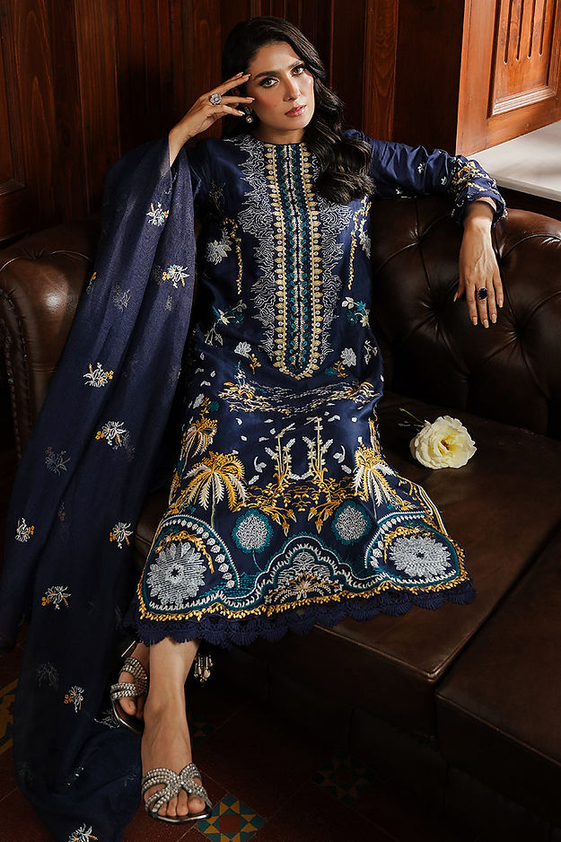 CELESTIAL NAVY-3PC SATIN EMBROIDERED SUIT