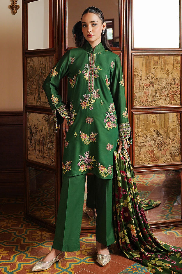 GREEN OASIS-3PC SATIN EMBROIDERED SUIT