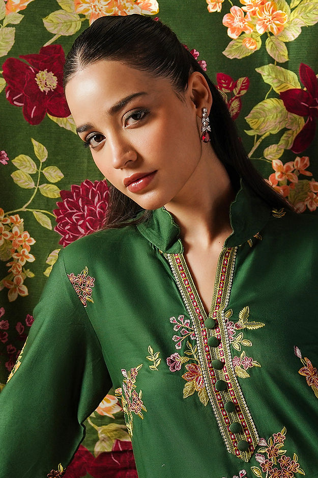 GREEN OASIS-3PC SATIN EMBROIDERED SUIT