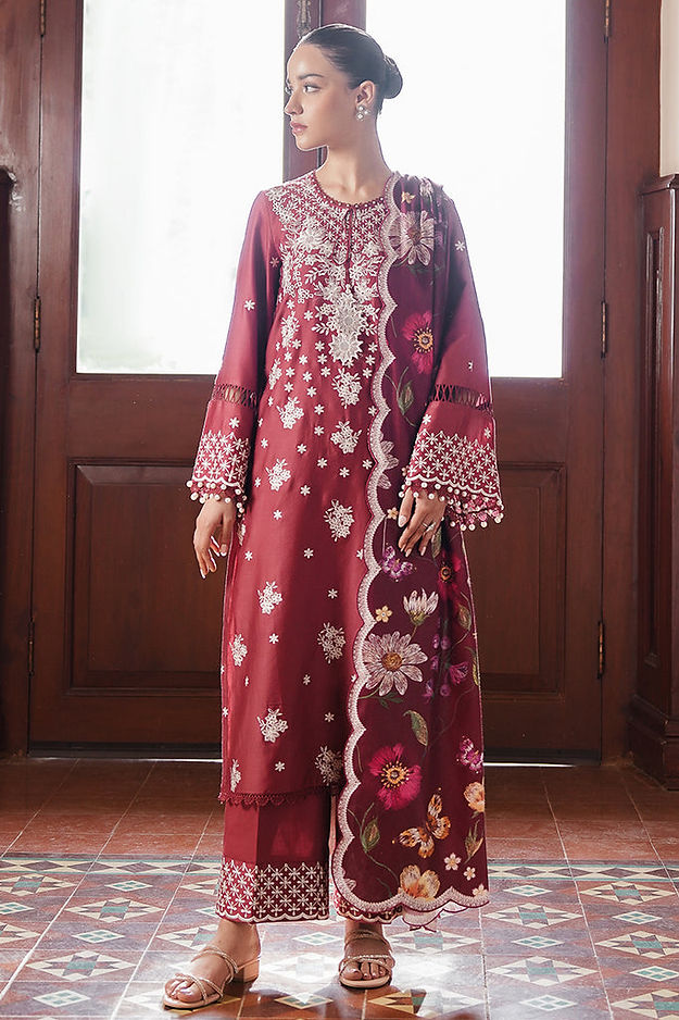 DEEP BERRY-3PC SATIN EMBROIDERED SUIT