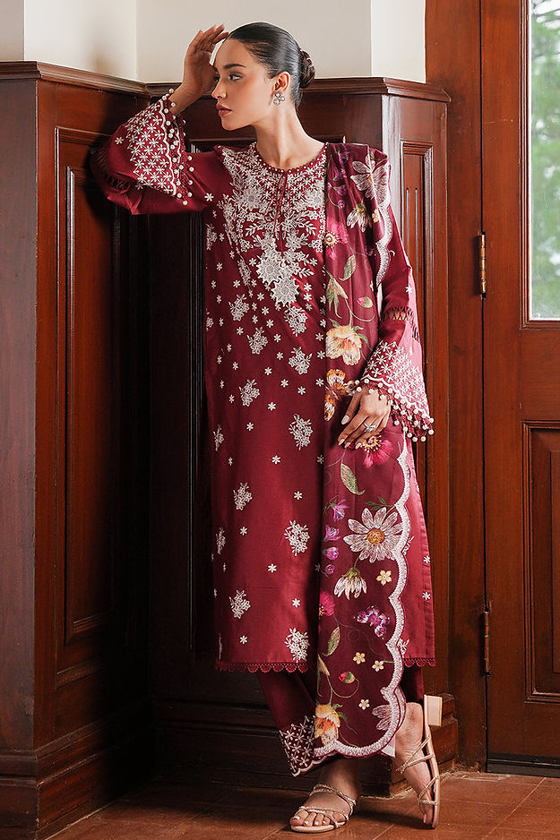 DEEP BERRY-3PC SATIN EMBROIDERED SUIT