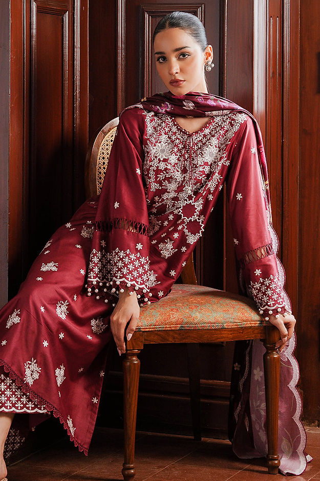 DEEP BERRY-3PC SATIN EMBROIDERED SUIT